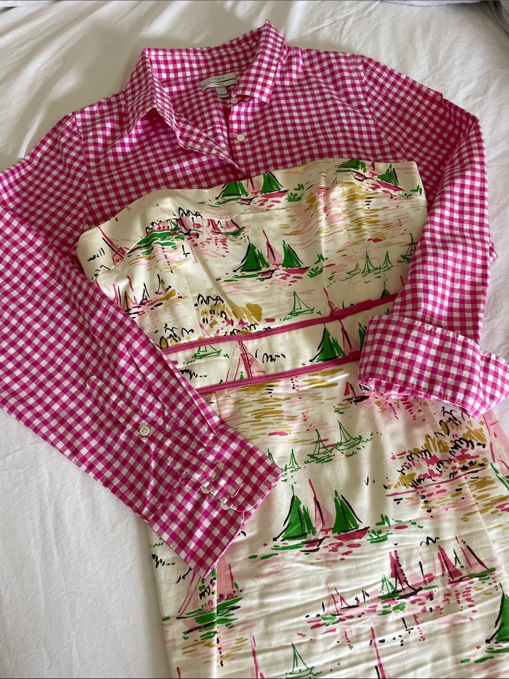 J. Crew ~ Pink Gingham Button-Up with Nautical Print Panel
